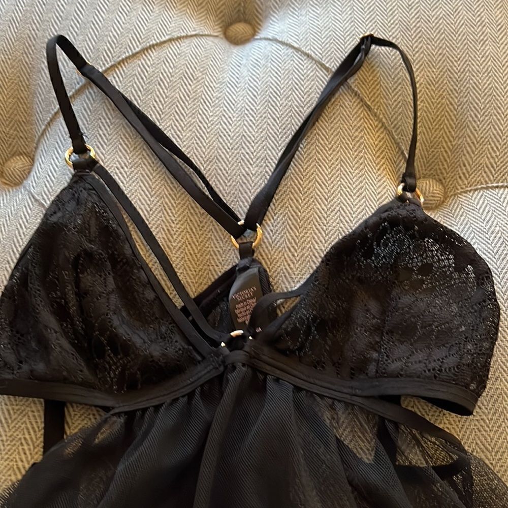 Victoria Secret Black Mesh Strap Gold Hardware Lingerie ❤️